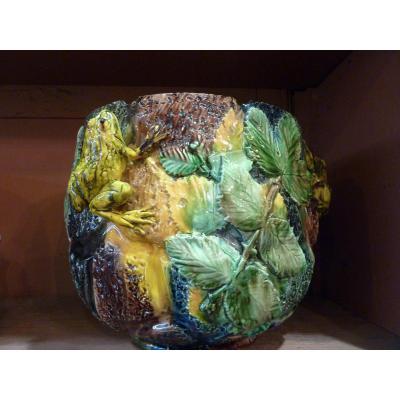 Slip Cachepot With Frogs, By Thomas Sergent In Sevres, End Of The 19th Century
