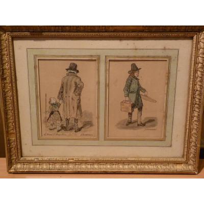 Paul Gavarni, Deux Dessins Aquarellés, époque Louis-philippe