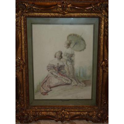 Edouard Pingret, Deux Dames De Qualité, Aquarelle, époque Restauration