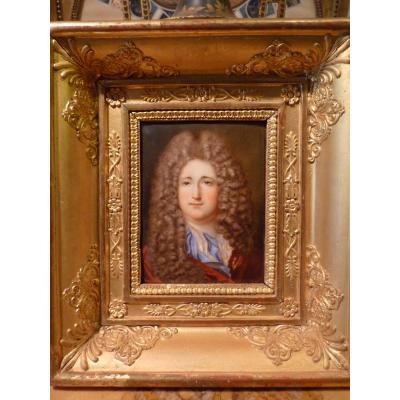 Miniature Gentilhomme, Style Louis XIV, époque Restauration, émail