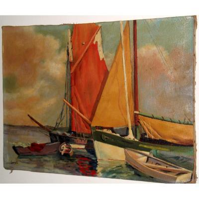 Huile Sur Toile: Marine Aux Voiliers