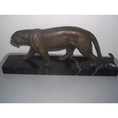 Sculpture Panthère En Régule Art Déco Sur Marbre