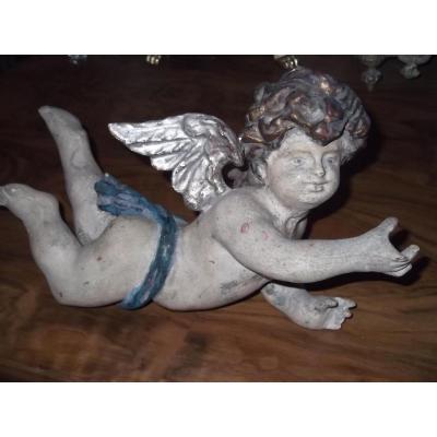 Ange, Angelot, Bois Sculpté Polychrome, XIX ème
