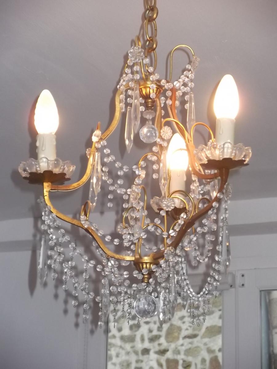Lustre Bronze Et Pampilles 3 Feux, Perles Verre