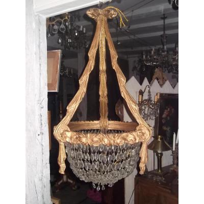 Grand Chandelier Louis XVI Carved Wood Gold And Pendants
