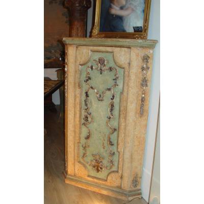 In Carved Wood Corner Cupboard, Painted, Gold And Silver - Italy Nineteenth