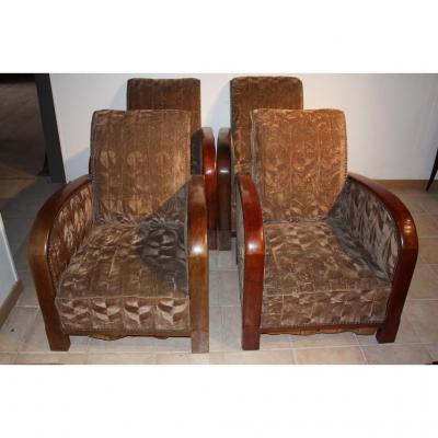 Suite De 4 Fauteuils 1930 Art Déco Cuir Au Choix