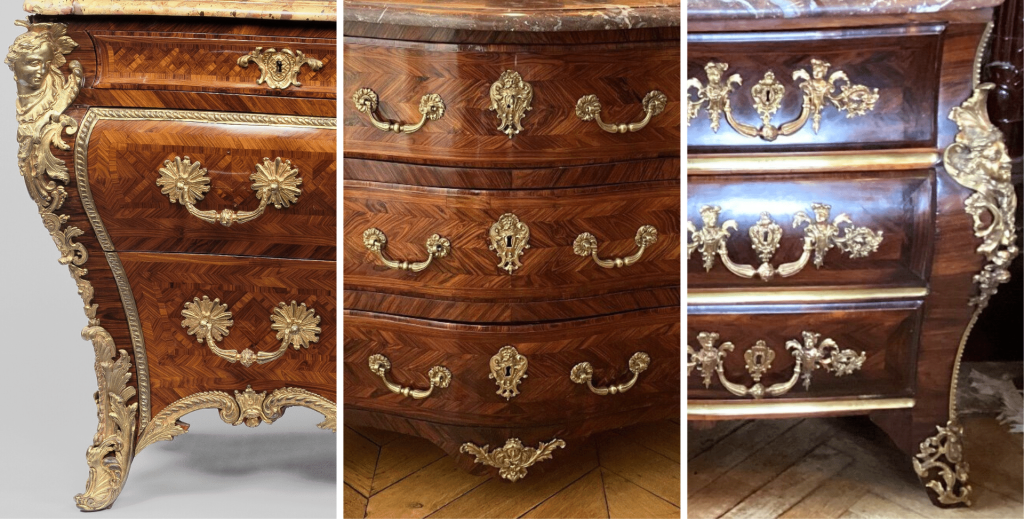 Several commodes with three drawer rows. Their front exhibit bombé and serpentine curves.