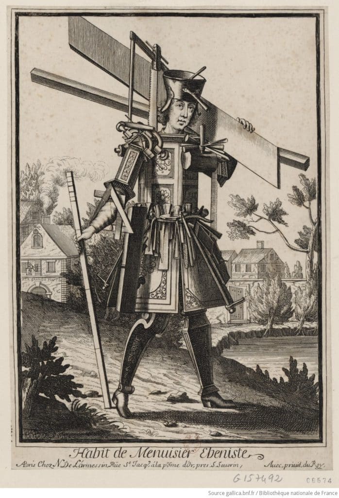 A print made around 1700 represents a French carpenter cabinetmaker with his tools and Boulle-style clothes.