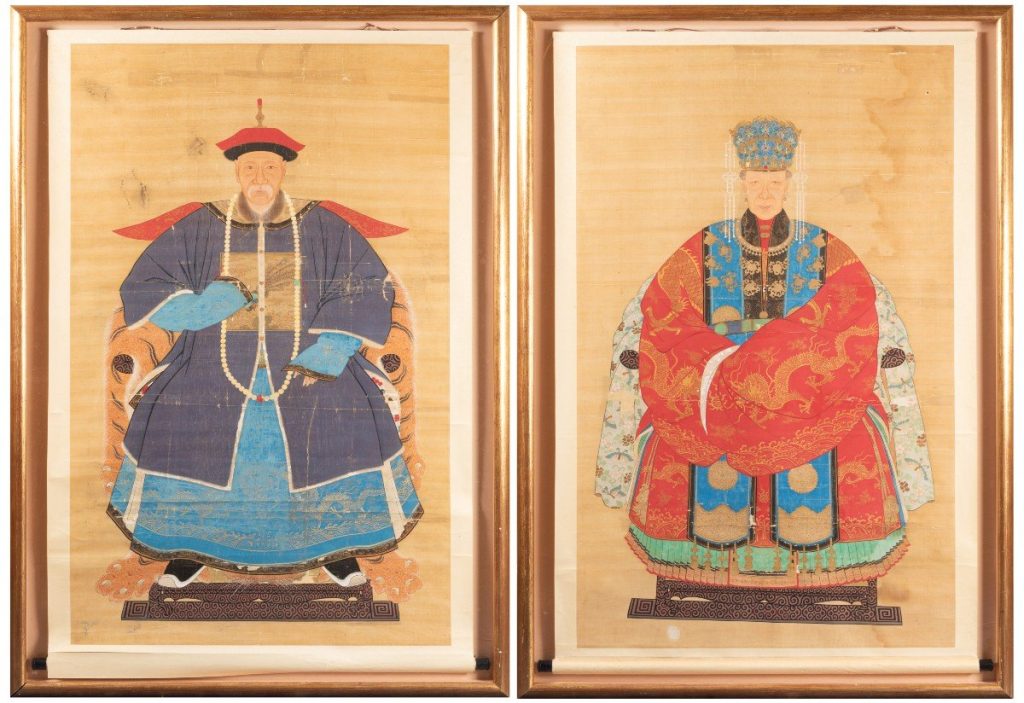 Chinese ancestors on silk paper peacock buzi and four-clawed mang dragons. Presented by Galerie des Rosiers antiques seller.