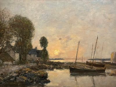 Oil on canvas by Eugène Boudin. Sun setting in Plougastel, Brittany, painted in 1871. Presented by Galerie A&G.