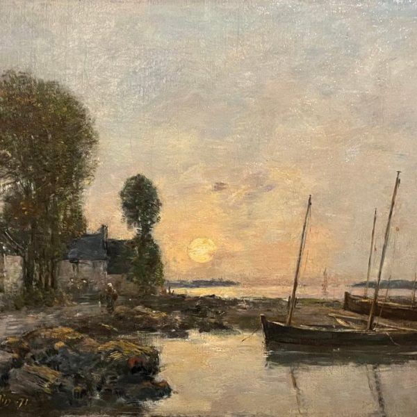 Oil on canvas by Eugène Boudin. Sun setting in Plougastel, Brittany, painted in 1871. Presented by Galerie A&G.