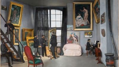 Painting by Frédéric Bazille: his workshop rue de la Condamine. With Manet and a group of friends. Maître at the piano and maybe Monet, Renoir or Astruc standing up. Painting visible at the Musée d'Orsay.