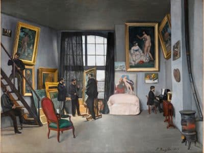 Painting by Frédéric Bazille: his workshop rue de la Condamine. With Manet and a group of friends. Maître at the piano and maybe Monet, Renoir or Astruc standing up. Painting visible at the Musée d'Orsay.