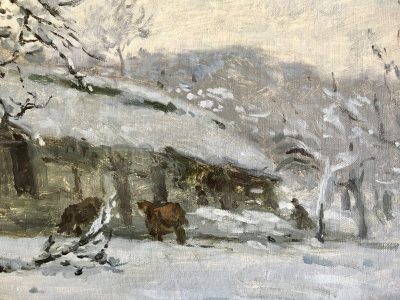 Detail of the Butin Farm under the snow by Adolphe-Félix Cals. Looking at it, you can understand why Cals was considered as one representant of "grey impressionism". Presented by Dupire & Kotek art gallery.