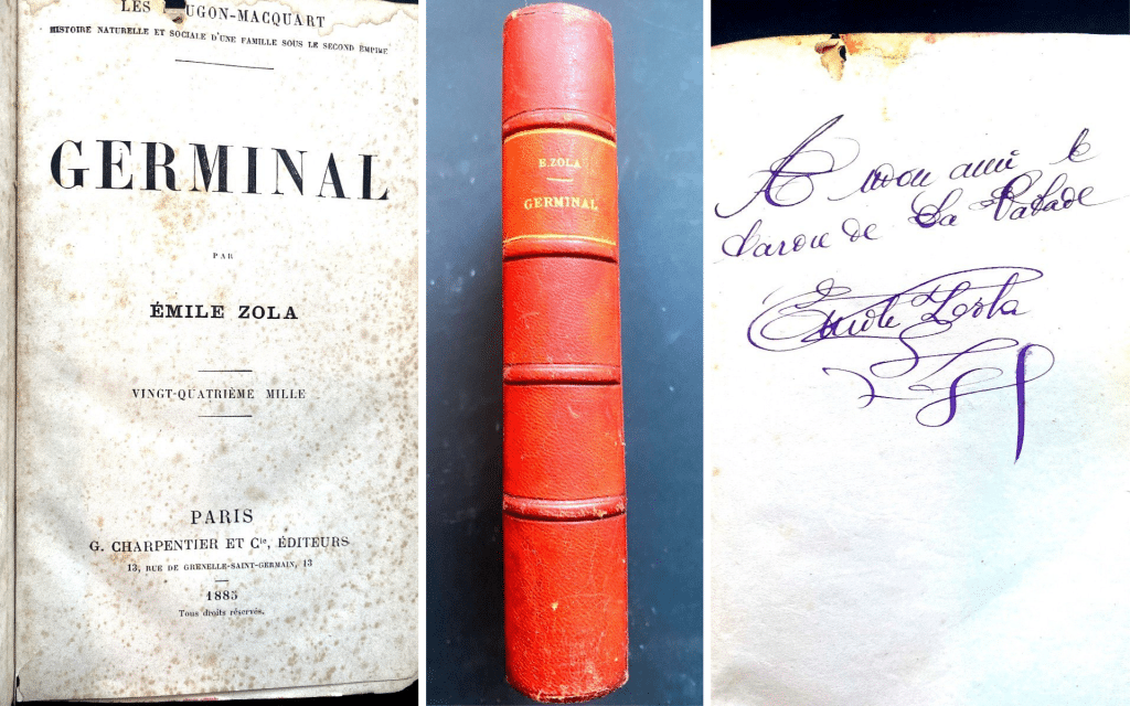First original 1885 edition of Germinal by Emile Zola. G. Charpentier et Cie , Editeurs. Bound in red morocco. Dedicated to Baron de la Calade. His wife Alexandrine Zola was doing such dedications for him.