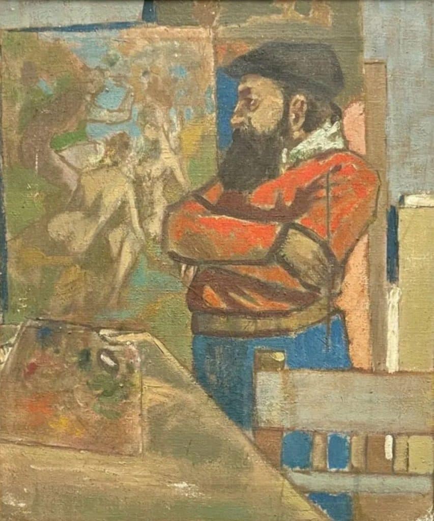 Paul Cézanne standing in front of Baigneuses. By unknown painter, early 20th century. Presented by Bailliet Antiquités.
