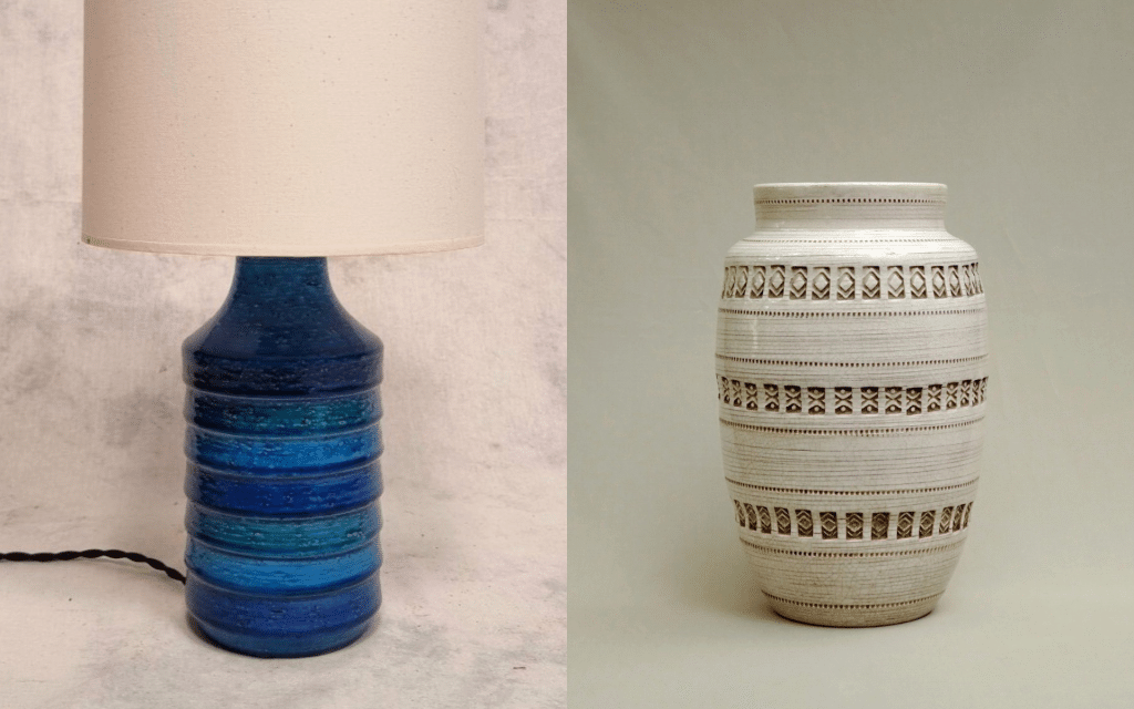 Bitossi mid-century lamp and vase by Aldo Londi. On the left a lamp of the legendary "Rimini Blu" series.