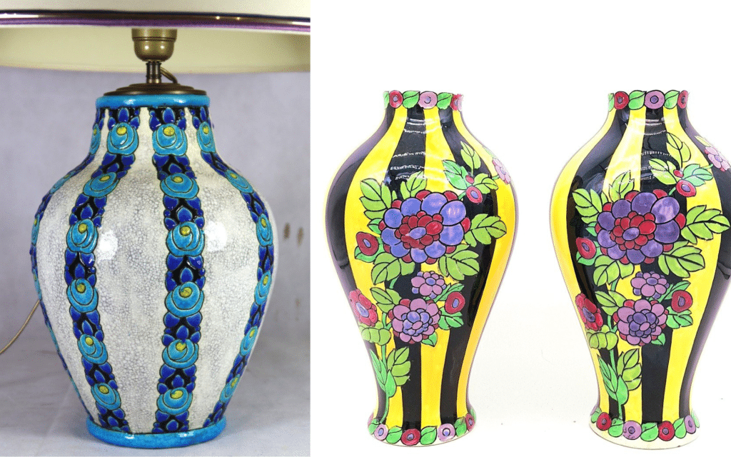 Art Deco vases with stripes by Charles Catteau for Boch Keramis.