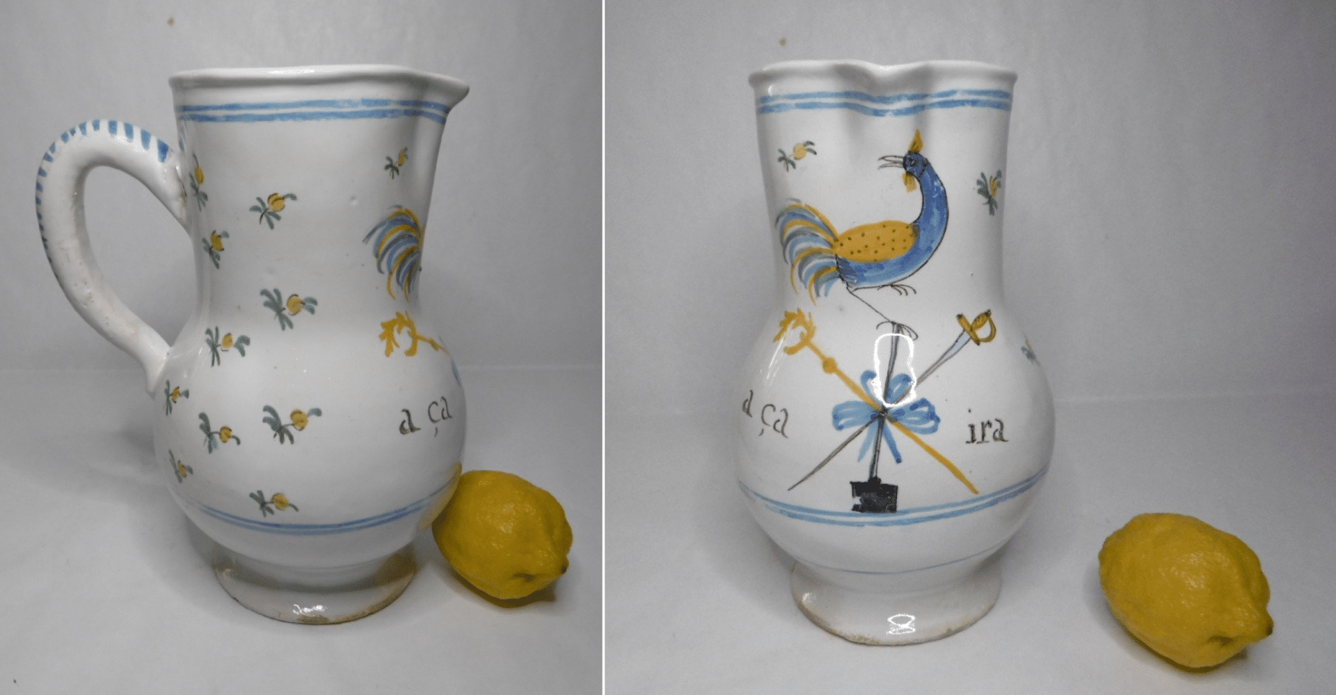 Nevers water jug in faience with rooster and "A ça ira" revolutionary song.