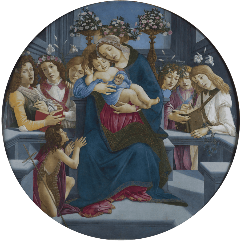 Tondo by Sandro Botticelli and his workshop: Madonna and Child with Saint John the Baptist and angels - Galleria Borghese