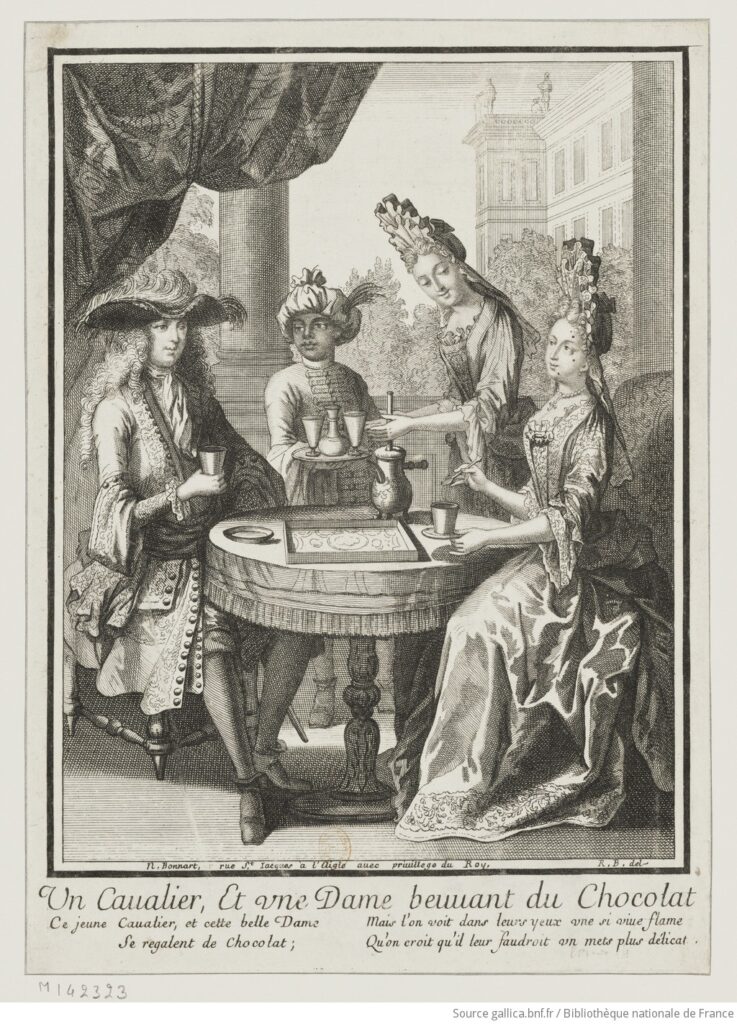 A cavalier and a lady drinking hot chocolate, a 1695 print by Robert Bonnard. A serving lady is frothing the chocolate with a whisk in a chocolate pot.