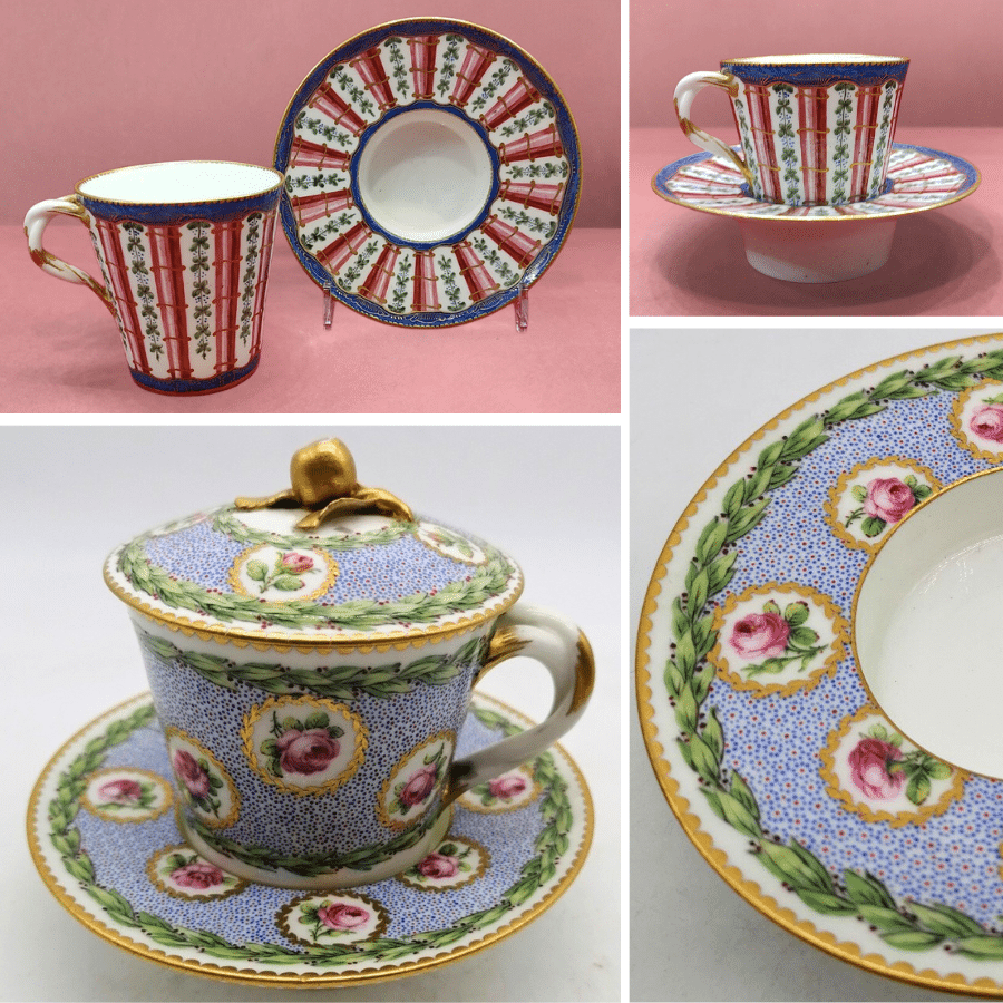 Two early Sèvres trembleuses with high sleeved saucers. Top: Painted by Capelle, a model similar in shape to the original 1759 "gobelet et soucoupe à gaine". Bottom: A later model contemporary of Marie-Antoinette c. 1774.