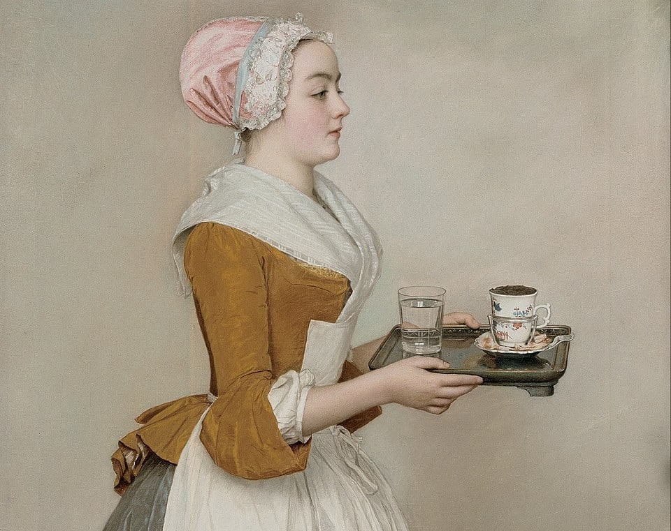 Close-up of the pastel on parchment by Jean-Etienne Liotard, The Chocolate Girl, circa 1744. Note the cabaret tray and the kakiemon trembleuse cup.
