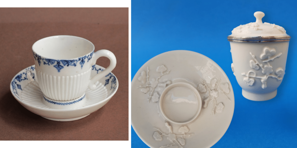 Two Saint-Cloud soft porcelain trembleuse cup and saucer circa 1700-1750. Left: white and blue with godrons. Right: Chinese-style Prunus branches in semi-relief.