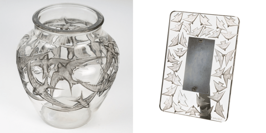 A testament to the evolution of Lalique’s style with swallows, created just seven years apart. In 1919, on the left, Art Nouveau is clearly visible in the detailed curves of the birds. By 1926, on the right, the swallows are rendered in a geometric, stylized form.