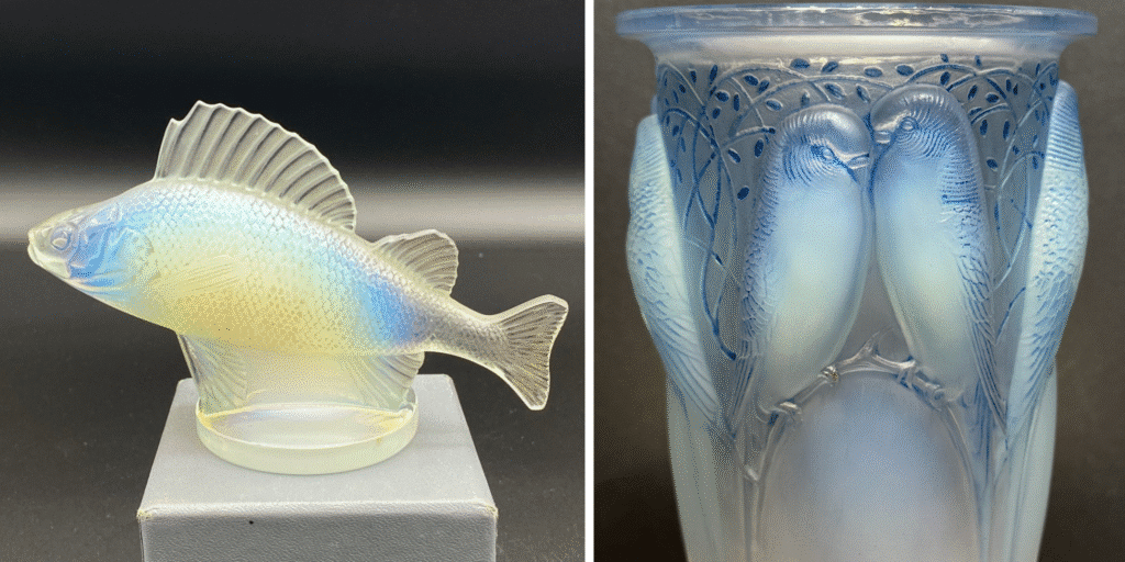 Two Lalique models with opalescence: a 1929 Perche mascot and a 1924 Ceylan vase with parakeets.