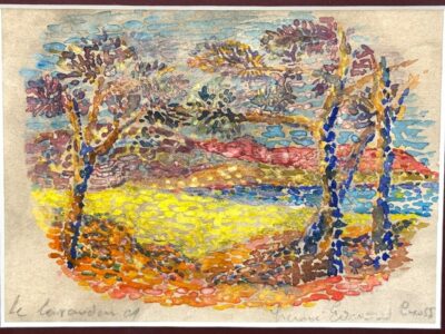 Watercolor by Henry-Edmond Cross using pointillism technique to depict a maritime landscape of Provence in Le Lavandou.