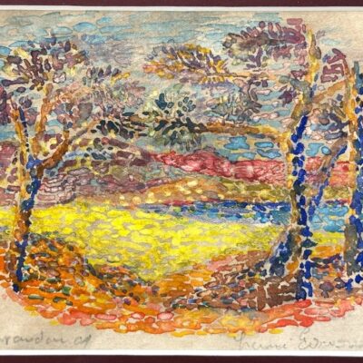 Watercolor by Henry-Edmond Cross using pointillism technique to depict a maritime landscape of Provence in Le Lavandou.