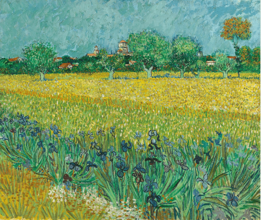 Vincent Van Gogh wrote to his brother Theo that he loved the blue and yellow of Provence. This is visible in this view of Arles with irises in the front against a yellow field, olive trees and Arles in the background.