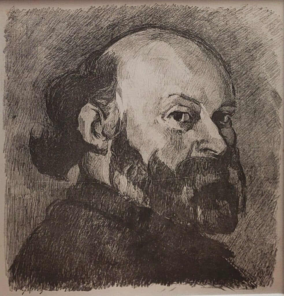 Portrait of Paul Cézanne by Edouard Vuillard. A lithograph on vellum published in 1914 by Bernheim-Jeune for their "Cézanne" album.