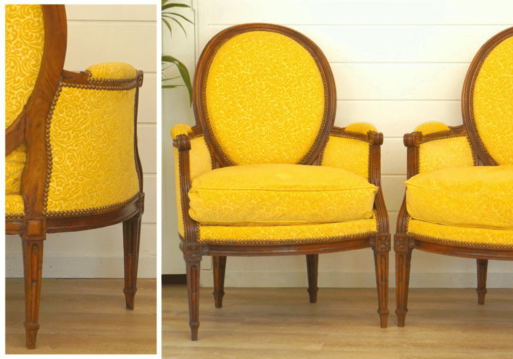 A pair of walnut bergère armchairs stamped Pillot. In the typical workmanship of this late-18th-century chairmaker, with square-section legs decorated with a single reeded flute and deep moldings.