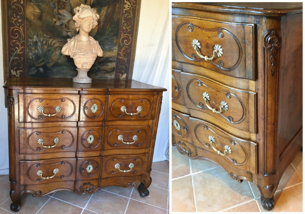 Commode en arbalète (crossbow-front commode), Provence, 18th century. Walnut, gilt bronze mounts.