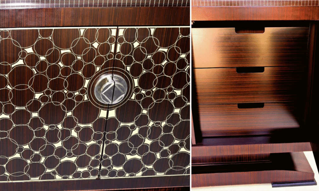 Facade and interiors details of Art Deco sideboard: nickel-plated mount, English drawers.