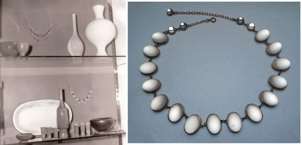 Denise Gatard necklace white ceramic opaque glass and exhibition of her jewels and ceramics in Paris in 1963.