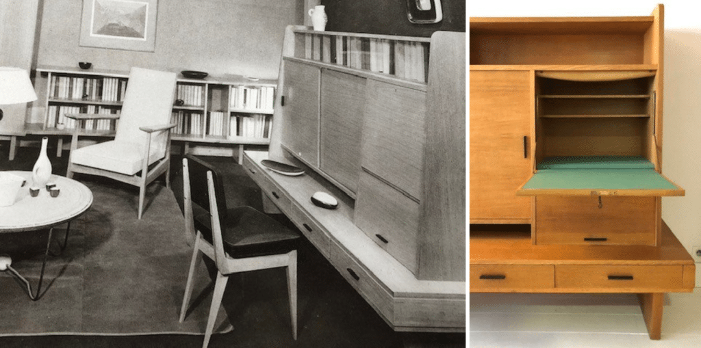 A sideboard / large "bahut" by Maurice Pré with an integrated drop-front desk. The round coffee talbe on the side is a collaboration between Pré and Gatard. The decorative ceramics (vases, bowls, etc.) must also be by Denise Gatard.