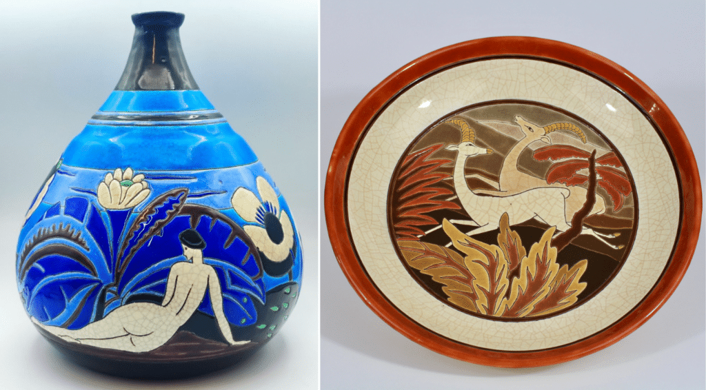 Primavera and Pomone, the luxury Parisian department stores' art studios, collaborated with Longwy during the Art Deco period. Left: A pear-shaped Primavera vase. Right: A large dish by Pomone.