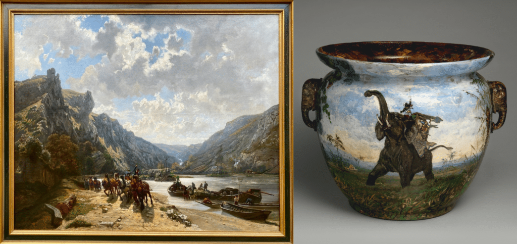 Martinus Antonius Kuytenbrouwer (1821-1897), originally a Dutch painter, spent much of his career in France during Napoleon III's reign. He was a specialist of landscapes and animals. Left: Oil on canvas, The Maas River. Right: Elephant in a tiger hunting scene on a Longwy vase.