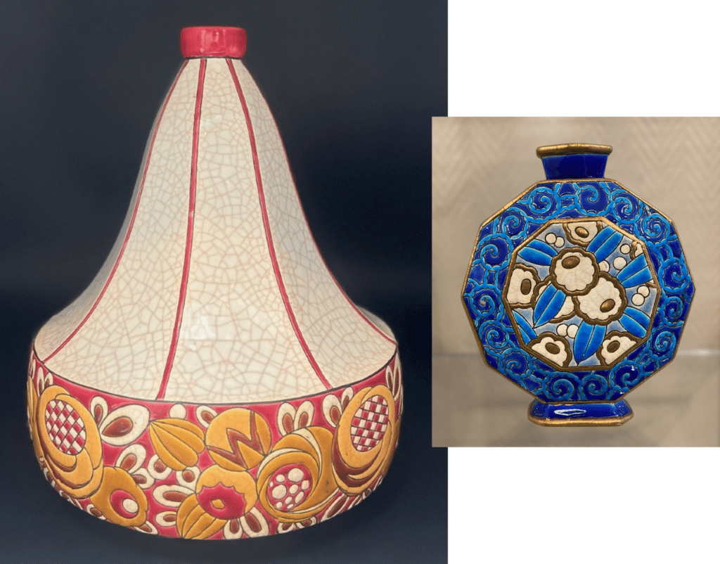 Two typical Art Deco vases by Longwy. Left: Top-shaped vase (vase toupie), H 34 cm. Right: Decagonal vase, H 19.5 cm.