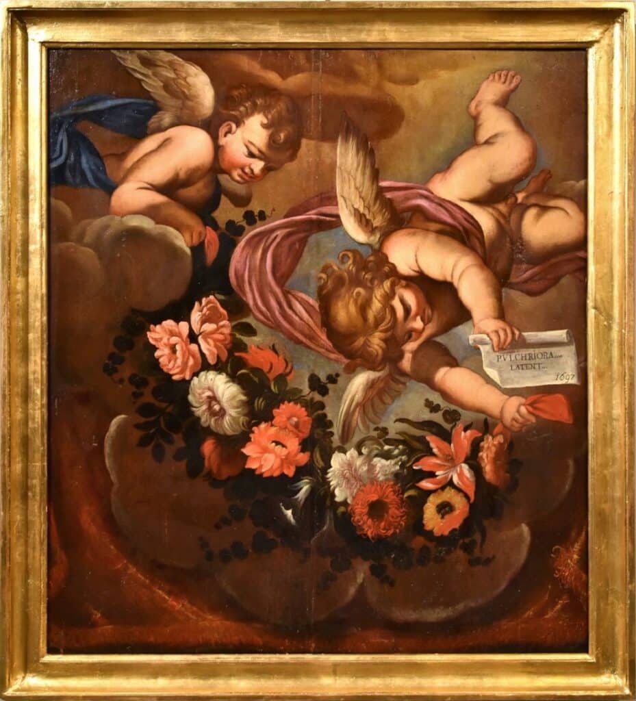 Two putti holding a flower garland typical of the Baroque period. Oil on wood dated 1697 aatributed to the workshop of Carlo Maratta (1625-1713).