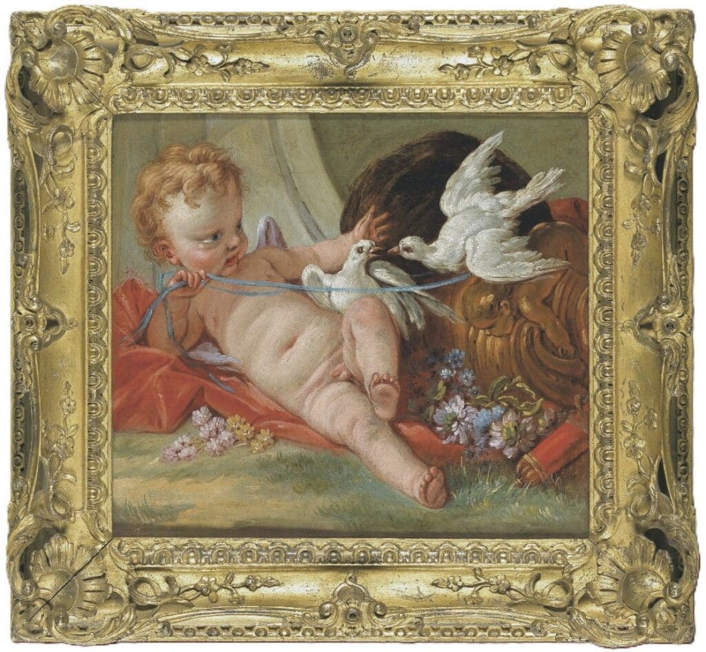 This painting in its original carved and gilded Louis XV frame was published in 1976 and 1980 by Ananoff and Wildenstein as the autograph work of François Boucher.
