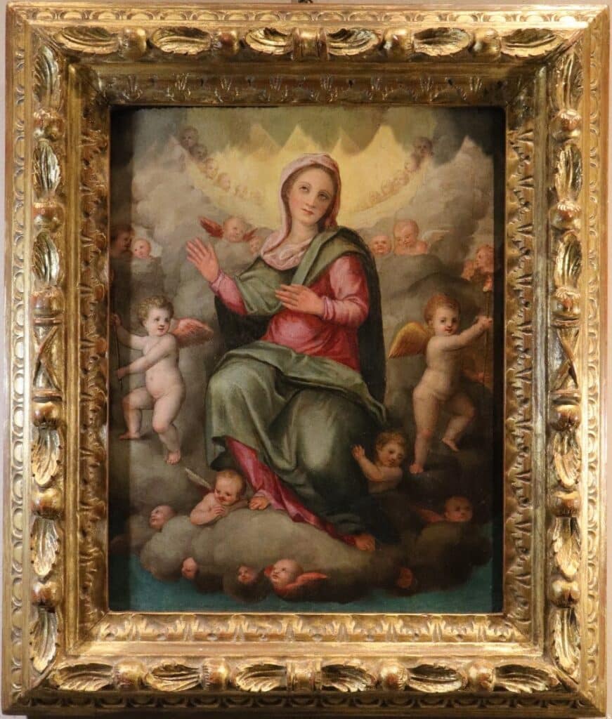 Virgin Mary in glory surrounded by angels and cherubs. A painting attributed to Giovanni Balducci (1560 - After 1631).