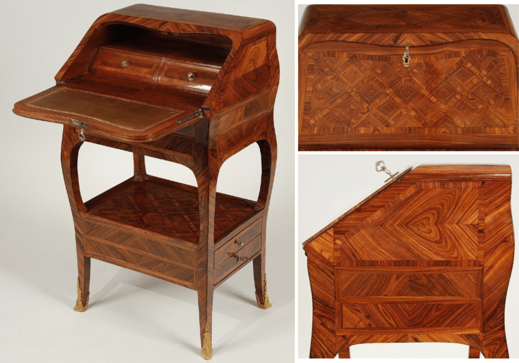 Remarkable small slant-front desk by Mathieu Criaerd in the same style as Pierre II Migeon for the kingwood veneer.