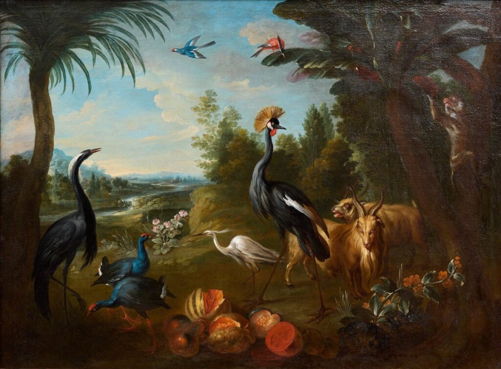 Crowned crane surrounded by an egret, a demoiselle crane, two goats, a monkey, and various other birds, amidst fruit and luxuriant vegetation, with a river flowing in the background.