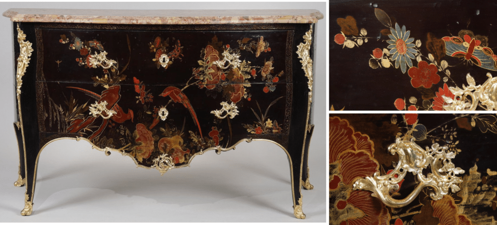 The quality of the polychrome lacquer and the bronze mounts and similarities with catalogued pieces enabled to attribute this drawer chest to Mathieur Criaerd.
