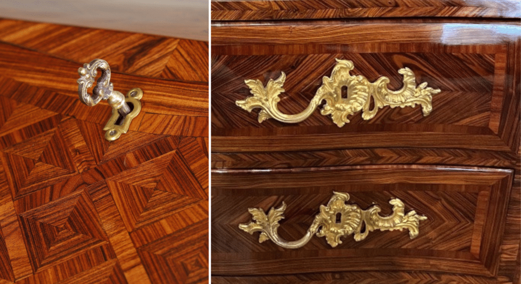 Details of the marquetry and veneer work in furniture by Mathieu Criaerd.